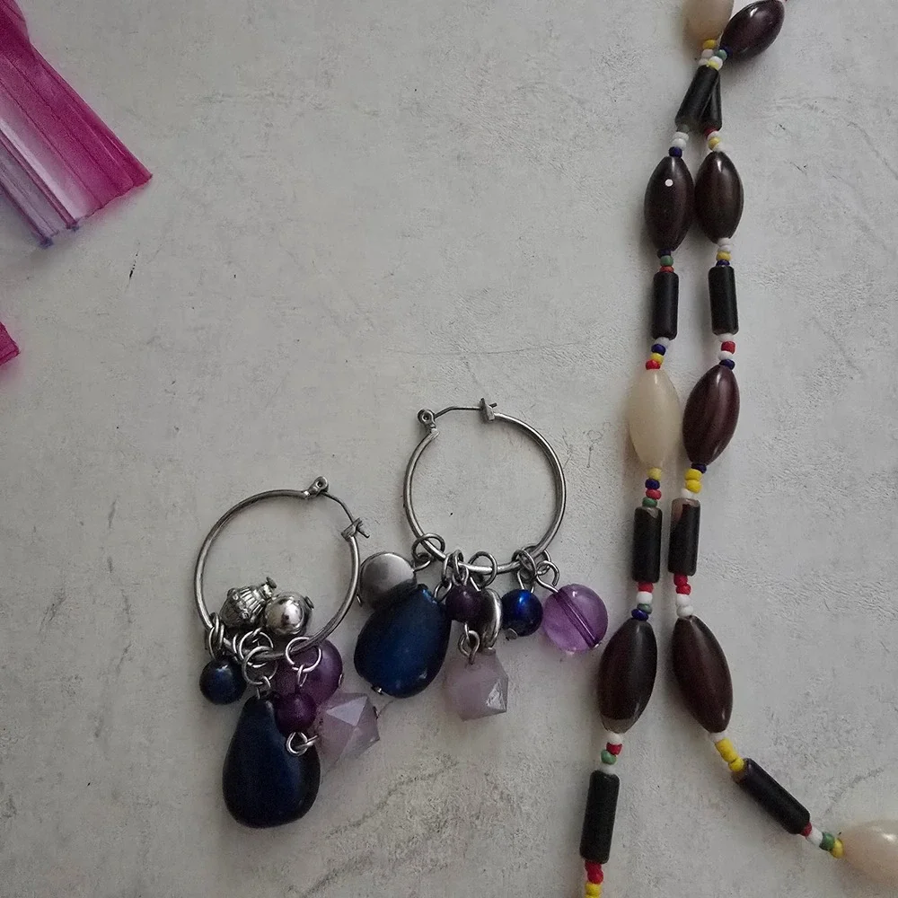 Boho Jewelry Lot Beaded Necklace Charm Bracelets Hoop Earrings 5 Piece Set